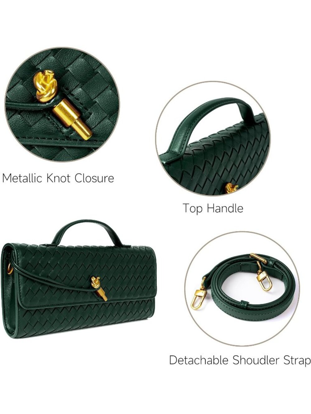 Women Emerald Green Woven Leather Clutch Vegan Purse Formal Crossbody Handbags - Picture 6 of 7
